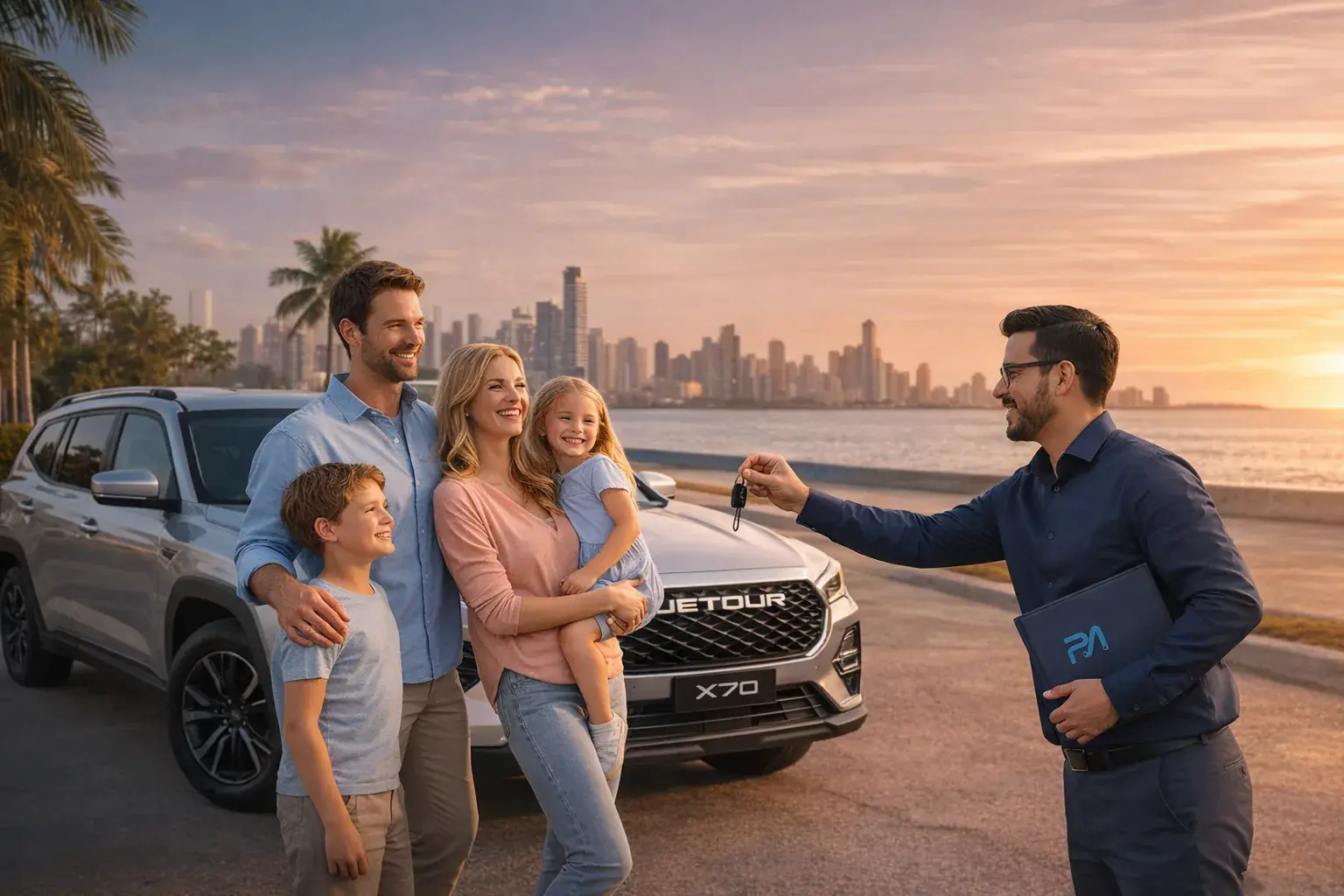 Familia recibiendo las llaves de su Jetour X70 frente a la bahía de Panamá